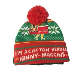 ELF Knit Beanies Set of 2 I'm a Cotton Headed Ninny-Muggins Green Red Bioworld O